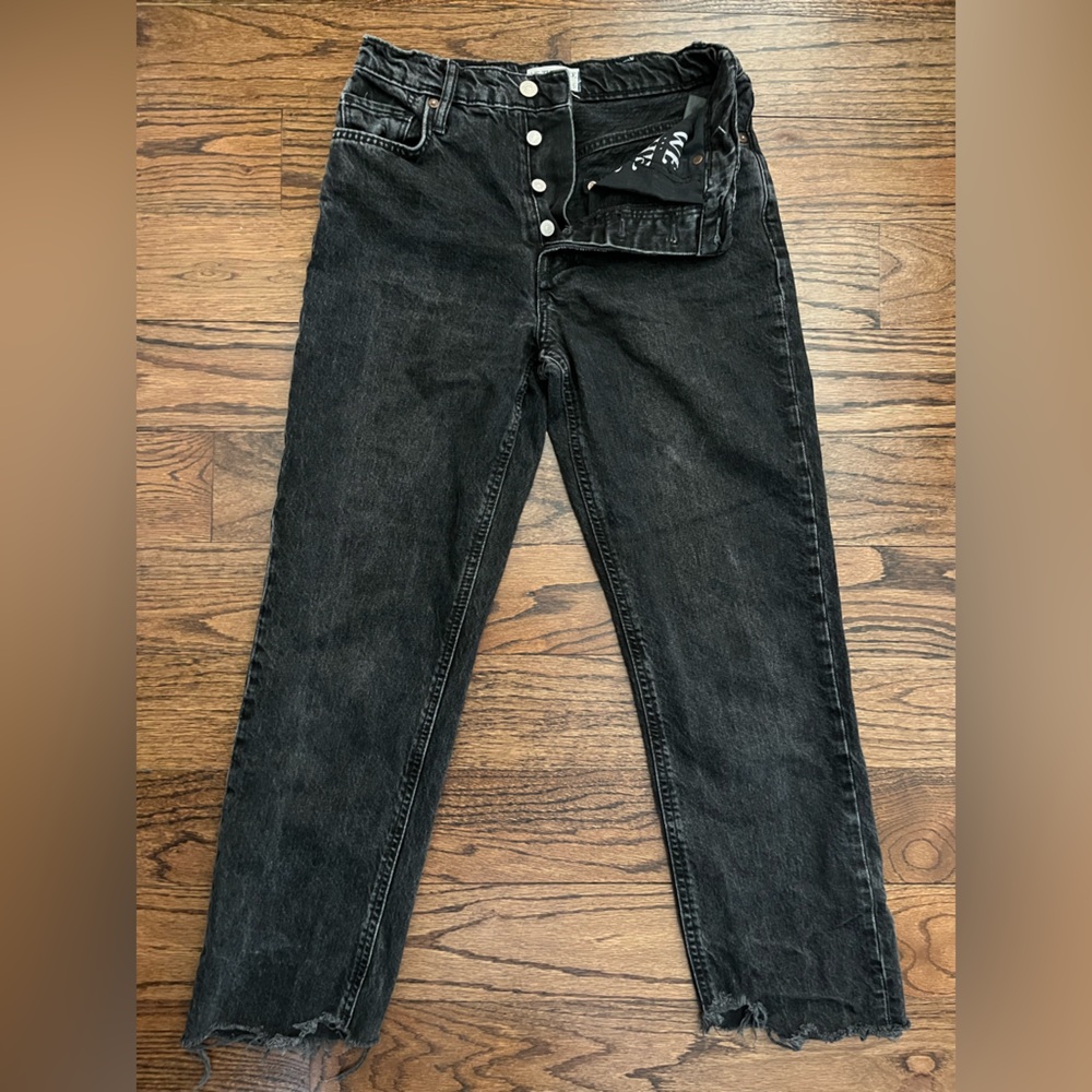 Free People cropped high‑rise straight leg button‑fly jeans in a with raw hem.